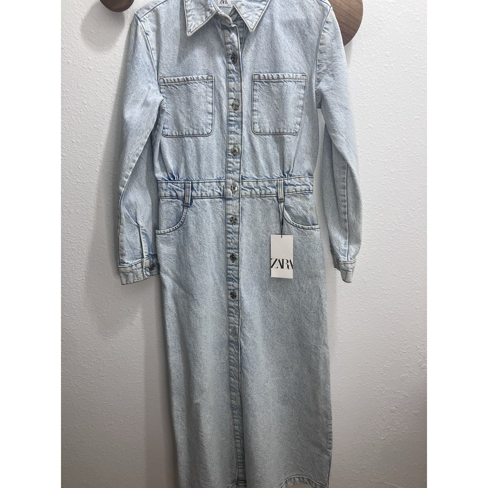 ZARA Light Blue Denim Maxi Shirt Dress Collared Button Front Long Sleeve Small
